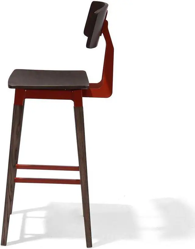 Alt view image 2 of 5 - Abbott Retro Contemporary Wood/Steel Barstool - Ash/Brick Red