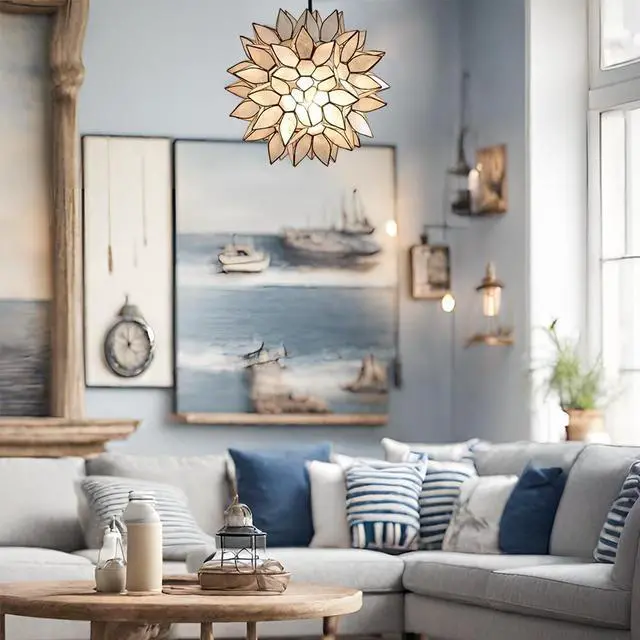 Alt view image 3 of 7 - Modern Home Nautical White Capiz Shell Lotus Ceiling Pendant Light - 10" Diameter