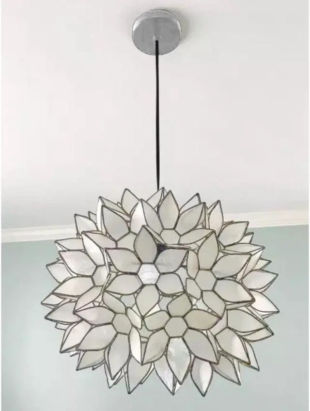 Alt view image 7 of 7 - Modern Home Nautical White Capiz Shell Lotus Ceiling Pendant Light - 14" Diameter