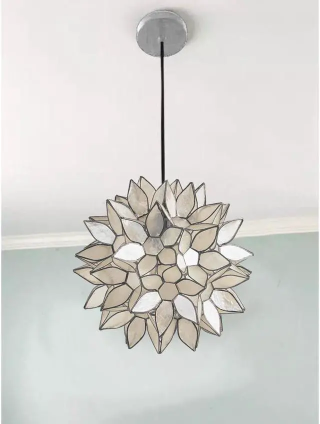 Alt view image 7 of 7 - Modern Home Nautical White Capiz Shell Lotus Ceiling Pendant Light - 10" Diameter