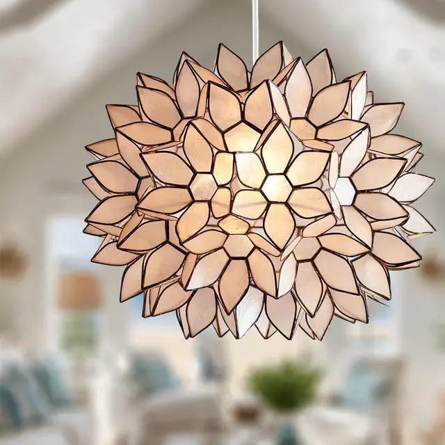 Alt view image 3 of 7 - Modern Home Nautical White Capiz Shell Lotus Ceiling Pendant Light - 14" Diameter