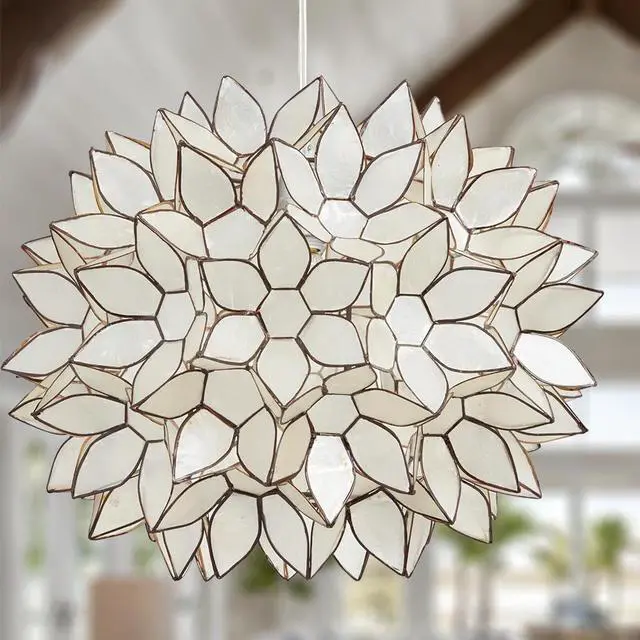Alt view image 5 of 7 - Modern Home Nautical White Capiz Shell Lotus Ceiling Pendant Light - 14" Diameter