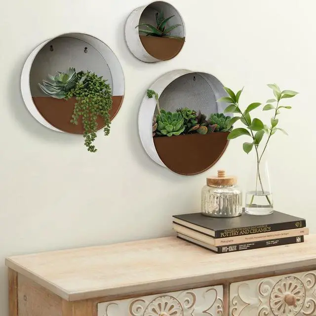 Alt view image 5 of 7 - Modern Home Round Living Wall Mounted Galvanized Steel/Zinc Succulent/Herb Planter (Rust Zinc, Large)