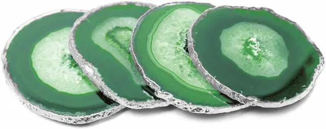 Alt view image 3 of 7 - Modern Home Set of 4 Natural Agate Stone Coasters - Green w/Silver Edge