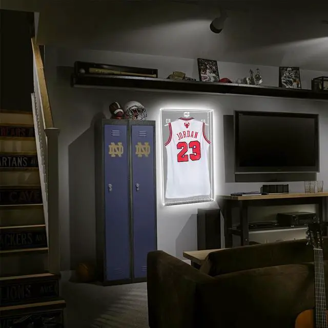 Alt view image 2 of 7 - OnDisplay Lux UV Locking Acrylic Wall Mount/Freestanding Jersey Display Case with Lights and Remote Control - All Sports Jerseys