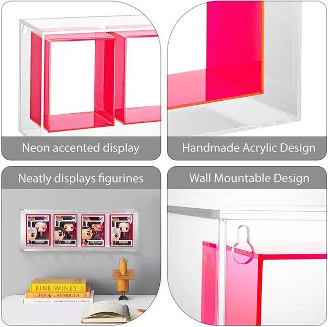 Alt view image 2 of 7 - OnDisplay Wall/Table Mount Deluxe Acrylic Display for Funko Pop/Dolls/Figurines (4 Section - Neon Pink)