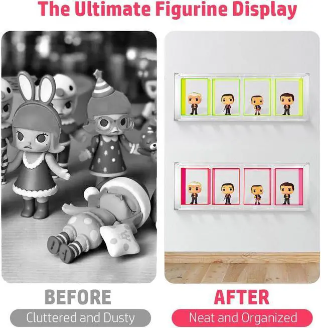 Alt view image 7 of 7 - OnDisplay Wall/Table Mount Deluxe Acrylic Display for Funko Pop/Dolls/Figurines (4 Section - Neon Pink)