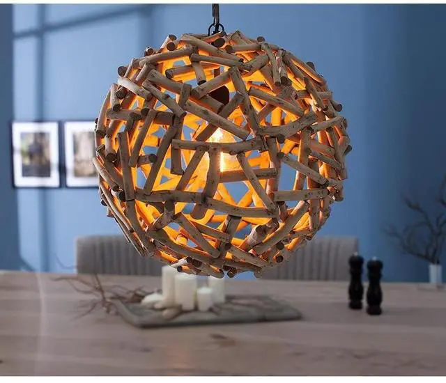 Alt view image 6 of 7 - Modern Home Nautical Natural Driftwood Ceiling 16" Ball Pendant Light - Seaside Ocean Beach Chandelier