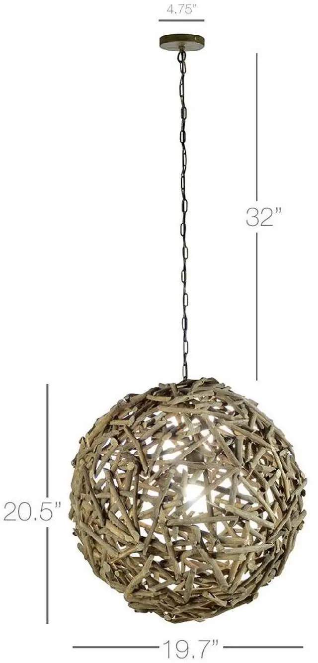 Alt view image 6 of 7 - Modern Home Nautical Natural Driftwood Ceiling 20" Ball Pendant Light - Seaside Ocean Beach Chandelier