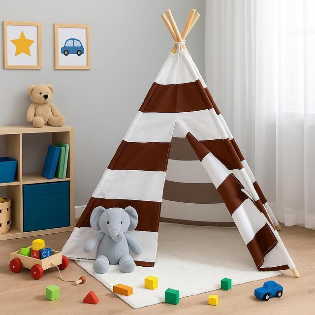 Alt view image 4 of 7 - Modern Home Striped Kids Play Tent  Indoor Teepee Playhouse for Toddlers and Children, Foldable Canvas Tent with Wooden Poles (Brown Stripes)