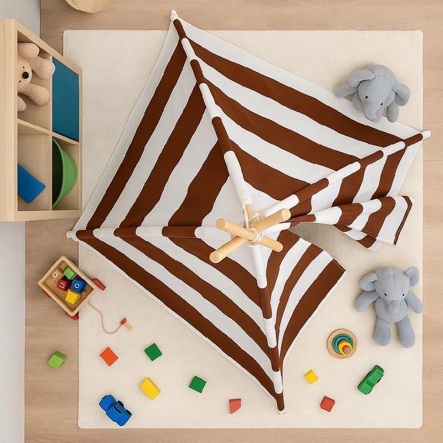 Alt view image 5 of 7 - Modern Home Striped Kids Play Tent  Indoor Teepee Playhouse for Toddlers and Children, Foldable Canvas Tent with Wooden Poles (Brown Stripes)