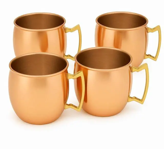 Main image of Modern Home Handmade 16oz Solid Copper Mule Mug  Barrel Shaped Mug with Brass Handle & Smooth Texture (Set of 4)
