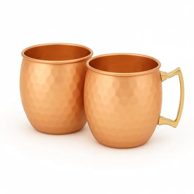 Main image of Modern Home Handmade 16oz Solid Copper Mule Mug  Barrel Shaped Mug with Brass Handle & Hammered Texture (Set of 2)