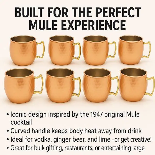 Alt view image 7 of 7 - Modern Home Handmade 16oz Solid Copper Mule Mug  Nickel Lined Barrel Shaped Mug with Brass Handle & Hammered Texture (Set of 4)