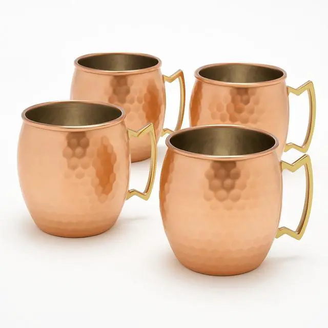 Main image of Modern Home Handmade 16oz Solid Copper Mule Mug  Nickel Lined Barrel Shaped Mug with Brass Handle & Hammered Texture (Set of 4)