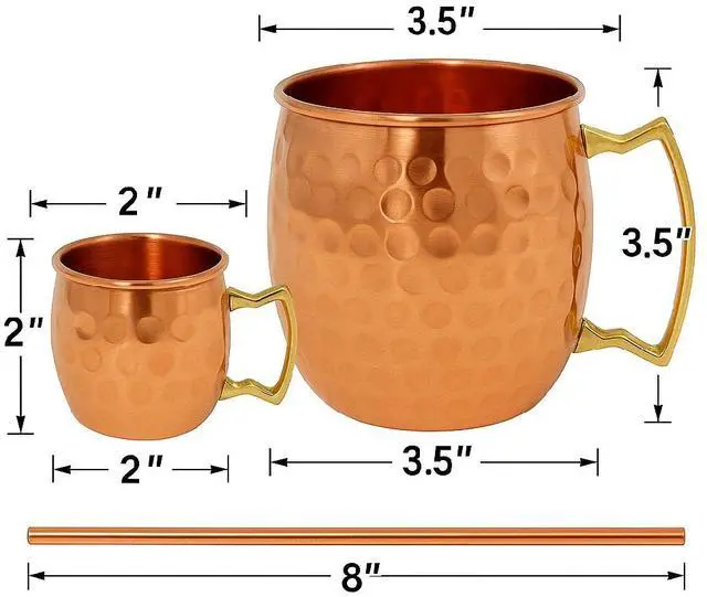 Alt view image 3 of 7 - Modern Home Authentic 6-Piece Copper Moscow Mule Mug Set  2 Full-Size Hammered Mugs + 2 Mini Shot Glasses with Brass Handles & 2 Straws  100% Pure Copper Drinkware Gift Set