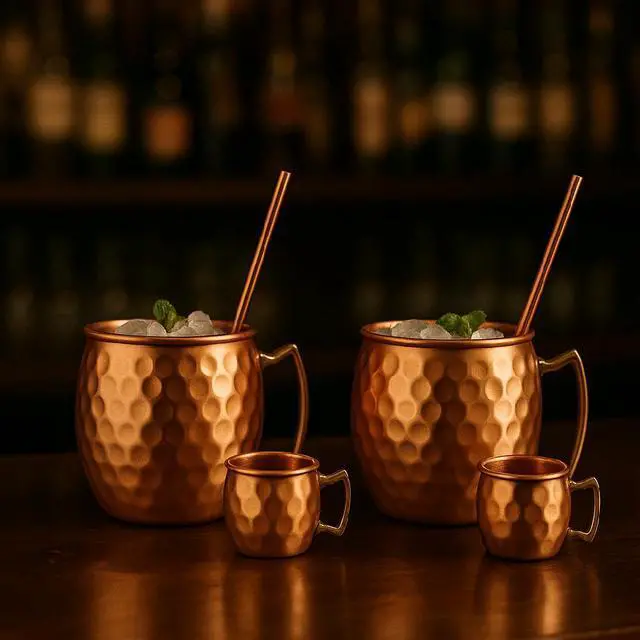Alt view image 2 of 7 - Modern Home Authentic 6-Piece Copper Moscow Mule Mug Set  2 Full-Size Hammered Mugs + 2 Mini Shot Glasses with Brass Handles & 2 Straws  100% Pure Copper Drinkware Gift Set