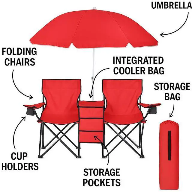 Alt view image 7 of 7 - GoTeam Portable 2-Seat Folding Camp Chair with Cooler, Umbrella & Cup Holders  Outdoor Picnic, Beach, or Tailgate Seating  Carry Case Included (Red)