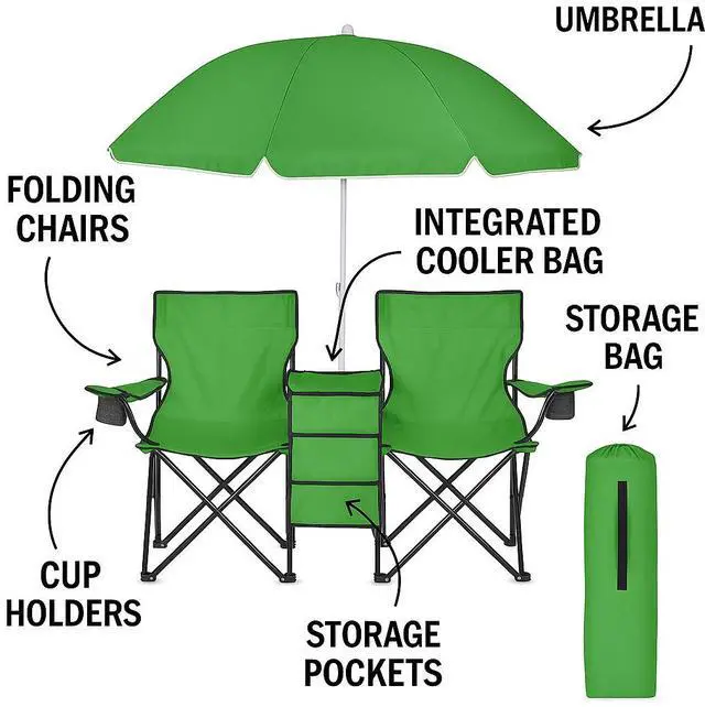 Alt view image 7 of 7 - GoTeam Portable 2-Seat Folding Camp Chair with Cooler, Umbrella & Cup Holders  Outdoor Picnic, Beach, or Tailgate Seating  Carry Case Included (Green)