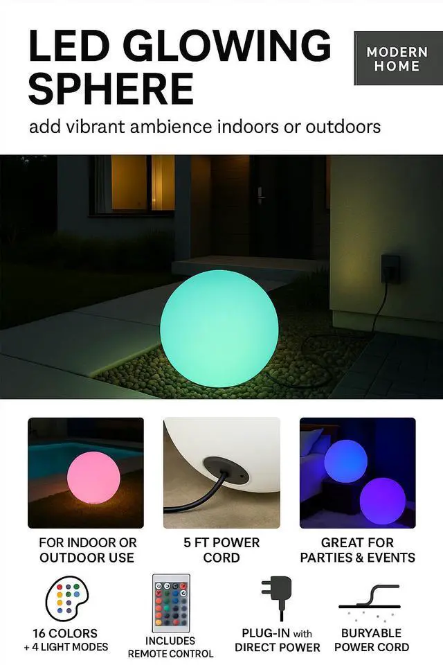 Alt view image 9 of 11 - Modern Home LED Glow Ball  Color-Changing Plug-In Light Orb Sphere for Indoor & Outdoor Use - Plug-In Direct Wired (20")