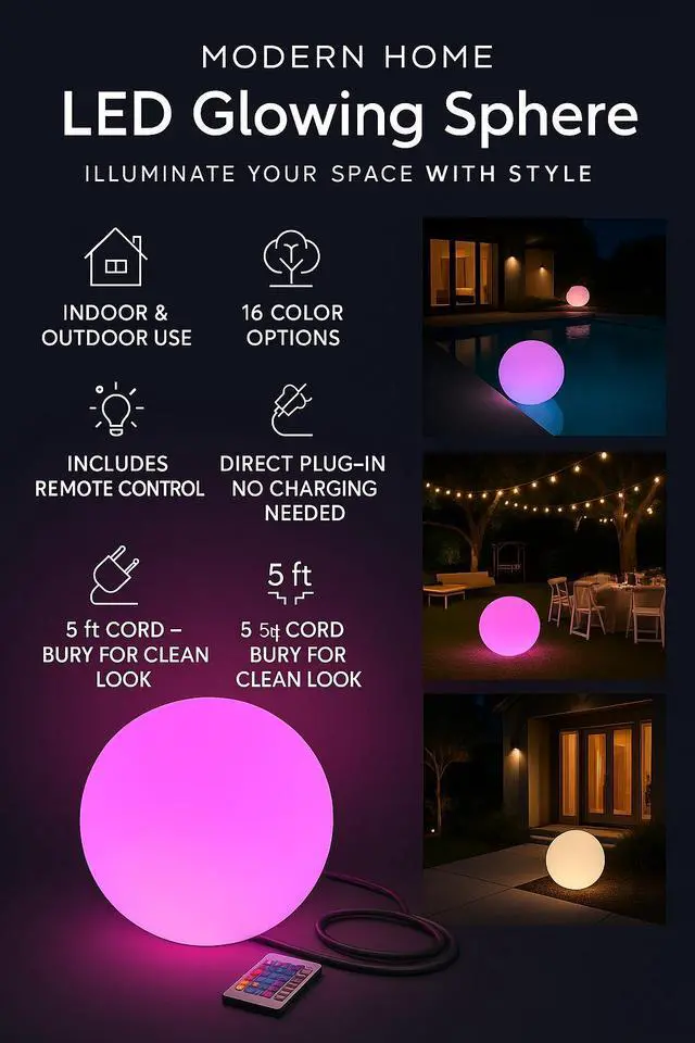 Alt view image 10 of 11 - Modern Home LED Glow Ball  Color-Changing Plug-In Light Orb Sphere for Indoor & Outdoor Use - Plug-In Direct Wired (20")