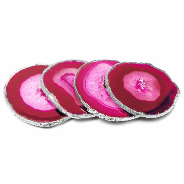 Alt view image 4 of 6 - Modern Home Set of 4 Natural Agate Stone Coasters - Pink w/Silver Edge