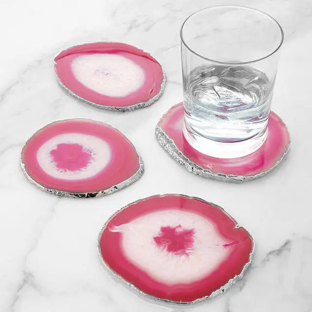 Alt view image 2 of 6 - Modern Home Set of 4 Natural Agate Stone Coasters - Pink w/Silver Edge