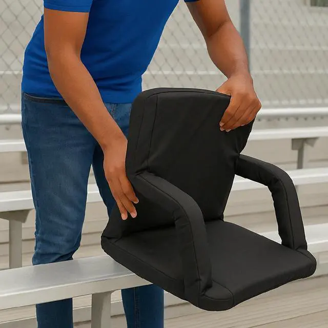 Alt view image 7 of 7 - GoTeam Portable Reclining Anywhere Chair - Portable Folding Cushioned Stadium Seat w/Arms (Black)