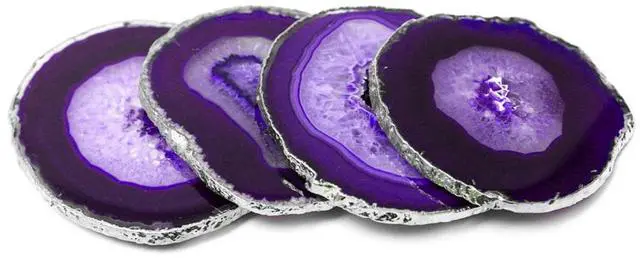 Alt view image 2 of 2 - Modern Home Set of 4 Natural Agate Stone Coasters - Purple w/Silver Edge