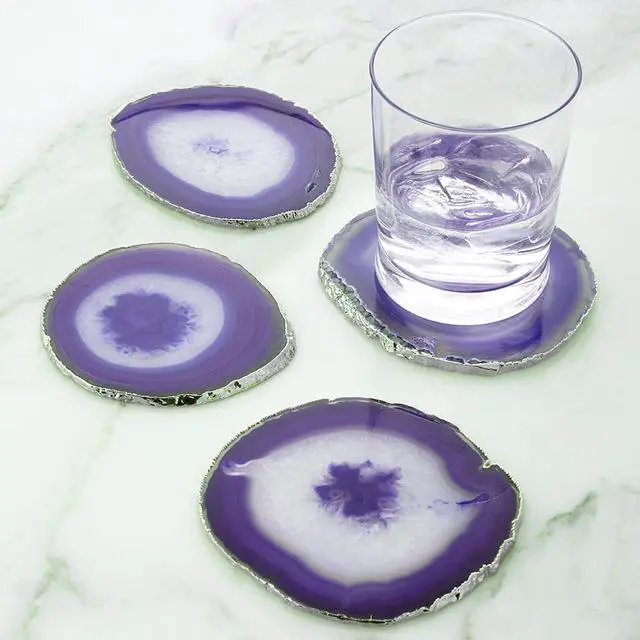 Main image of Modern Home Set of 4 Natural Agate Stone Coasters - Purple w/Silver Edge