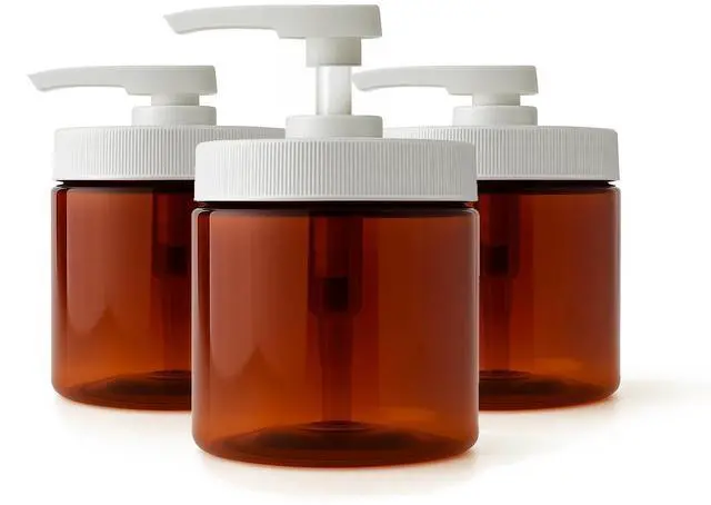 Main image of Royal Massage 16oz Massage Oil/Lotion/Cream Pump Jar with Locking Twist Top (Amber/White, 3)