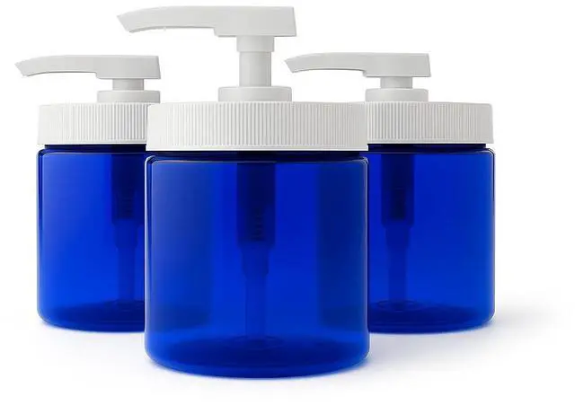 Main image of Royal Massage 16oz Massage Oil/Lotion/Cream Pump Jar with Locking Twist Top (Blue/White, 3)