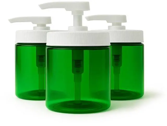 Main image of Royal Massage 16oz Massage Oil/Lotion/Cream Pump Jar with Locking Twist Top (Green/White, 3)