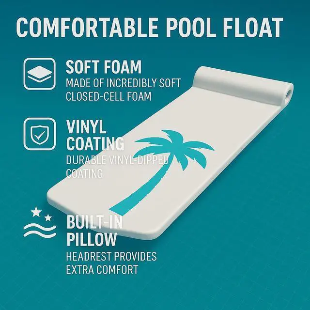 Alt view image 3 of 7 - California Sun Luxury Vinyl-Dipped Pool Float with Built-in Pillow  Soft Closed-Cell Foam Lounger for Adults, Unsinkable Water Mat (White Palm Tree)
