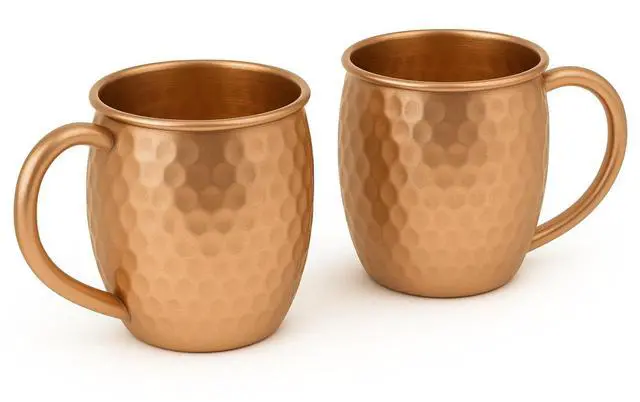 Main image of Modern Home Handmade 16oz Solid Copper Mule Mug  Barrel Shaped Mug with Copper Handle & Hammered Texture (Set of 2)