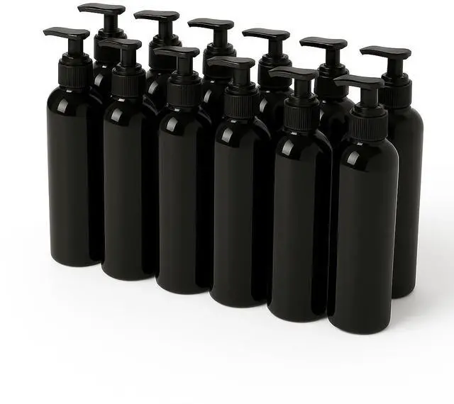 Main image of Royal Massage 8oz Bullet Round Massage Oil/Lotion/Liquid Bottle with Saddle Pump (Black, 12)