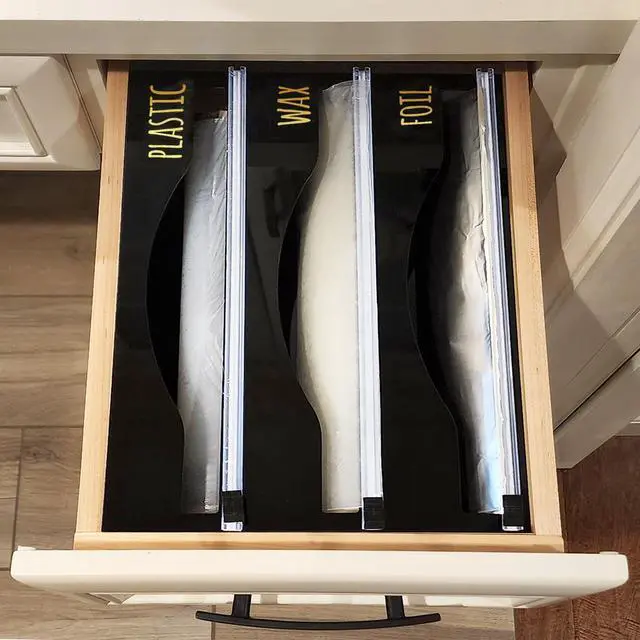 Alt view image 3 of 8 - ondisplay luxe acrylic 3-in-1 plastic wrap/wax paper/aluminum foil dispenser for drawer or wall mountable (black 3-in-1)