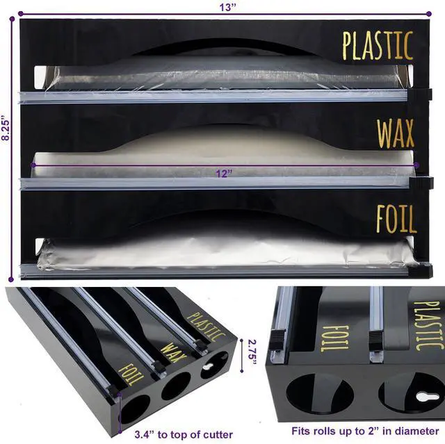 Alt view image 8 of 8 - ondisplay luxe acrylic 3-in-1 plastic wrap/wax paper/aluminum foil dispenser for drawer or wall mountable (black 3-in-1)