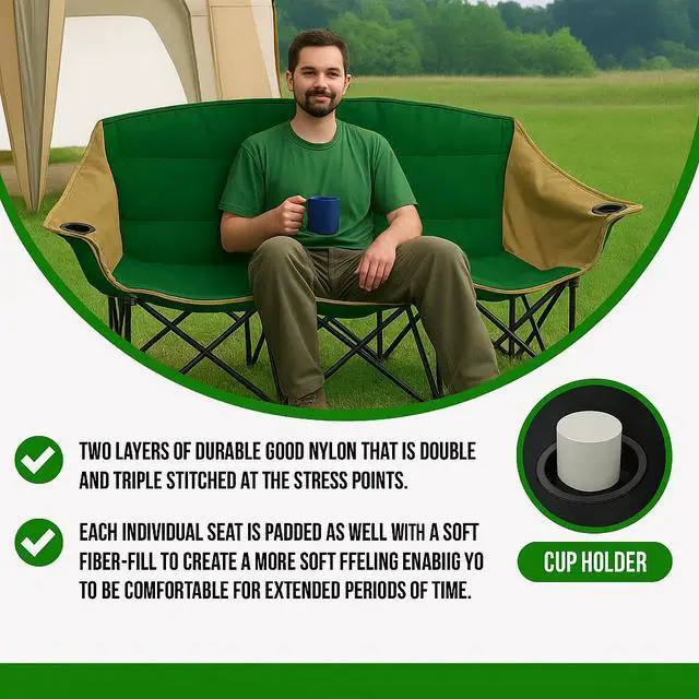 Alt view image 4 of 7 - GoTEAM Portable Folding Bench Couch  3 Seat Collapsible Outdoor Chair with Cup Holders & Carry Bag (Green/Beige)