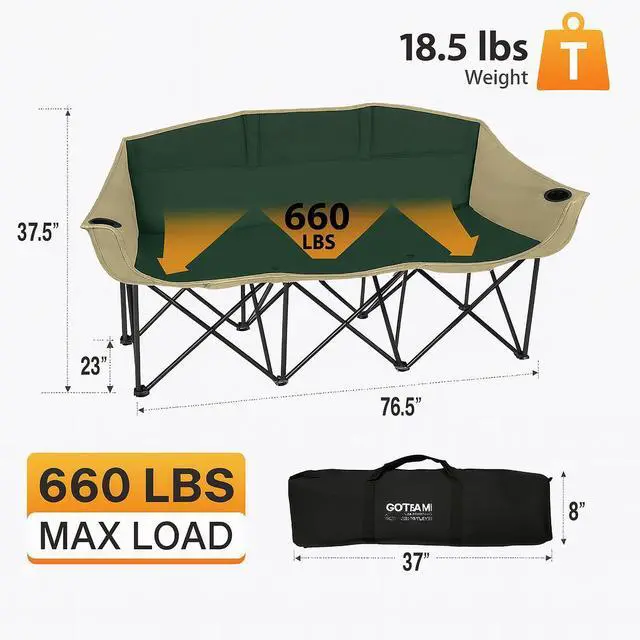 Alt view image 3 of 7 - GoTEAM Portable Folding Bench Couch  3 Seat Collapsible Outdoor Chair with Cup Holders & Carry Bag (Green/Beige)