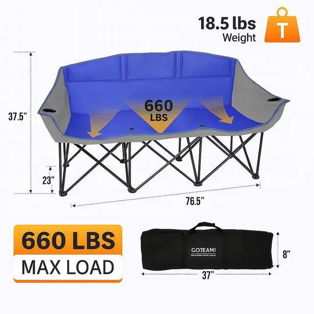 Alt view image 3 of 7 - GoTEAM! 3 Seat Portable Folding Bench/Couch - Blue/Gray