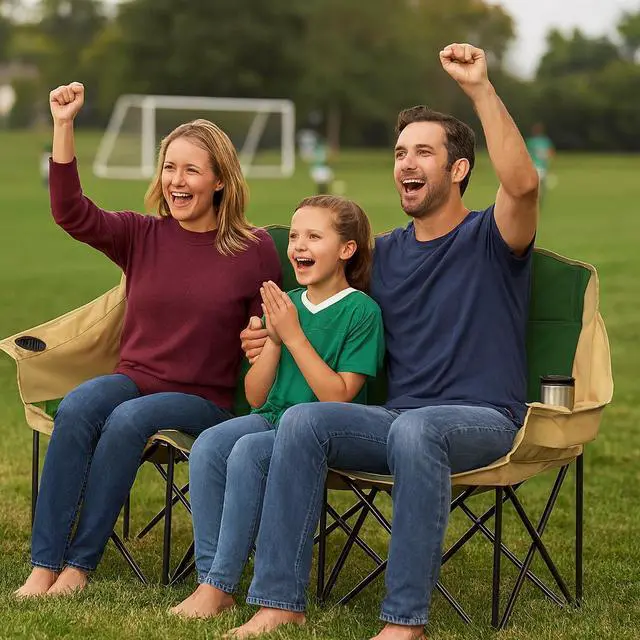 Alt view image 6 of 7 - GoTEAM Portable Folding Bench Couch  3 Seat Collapsible Outdoor Chair with Cup Holders & Carry Bag (Green/Beige)