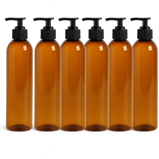 Main image of Royal Massage 8oz Bullet Round Massage Oil/Lotion/Liquid Bottle with Saddle Pump (Amber, 6)