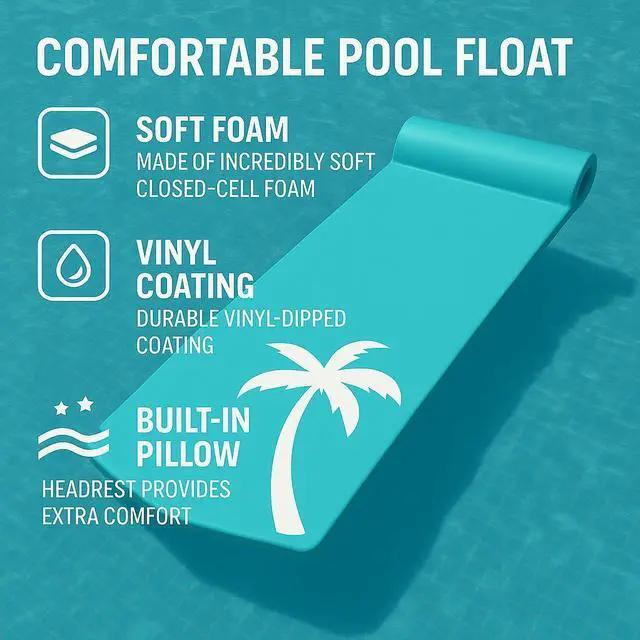 Alt view image 3 of 7 - California Sun Luxury Vinyl-Dipped Pool Float with Built-in Pillow  Soft Closed-Cell Foam Lounger for Adults, Unsinkable Water Mat (Aqua Palm Tree)