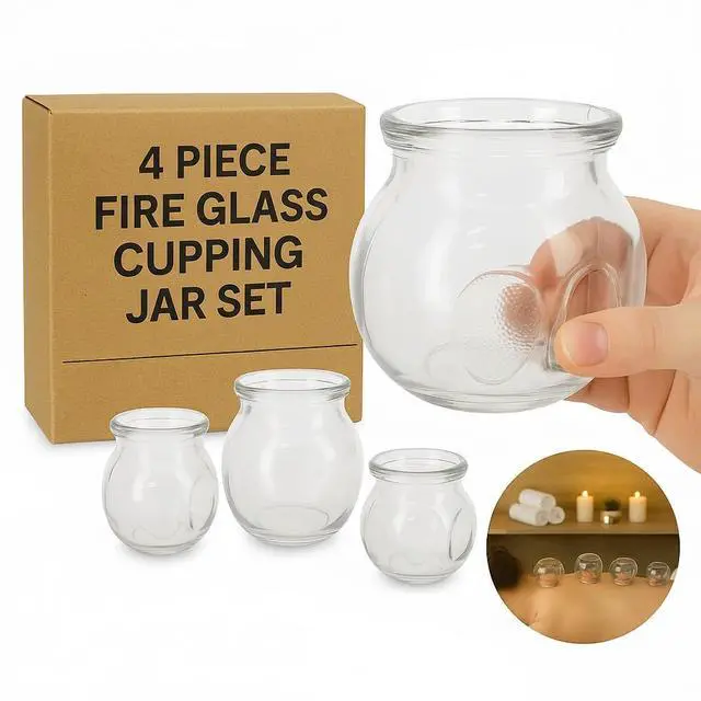 Main image of Royal Massage Glass Fire Cupping Jars Thick Glass Cupping Set 4 Sizes Vacuum Cupping Glass Fire Cupping Jars with Finger Grips (4 Pieces)