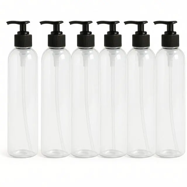 Main image of Royal Massage 8oz Bullet Round Massage Oil/Lotion/Liquid Bottle with Saddle Pump (Clear, 6)