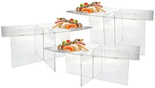 Main image of OnDisplay Cross Tier Acrylic Display Rack/Stand - Clear Food Display Stage (Set of 3 - One of Each Size)
