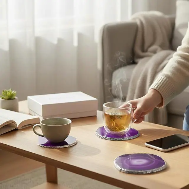 Alt view image 4 of 6 - Modern Home Set of 4 Natural Agate Stone Coasters - Purple w/Silver Edge