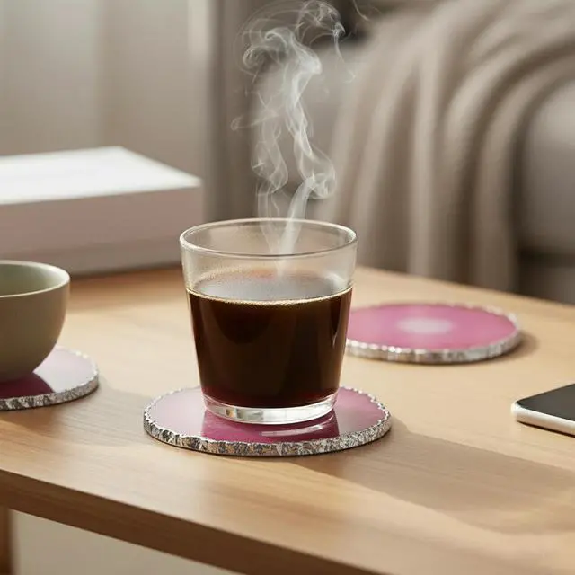 Alt view image 5 of 6 - Modern Home Set of 4 Natural Agate Stone Coasters - Pink w/Silver Edge