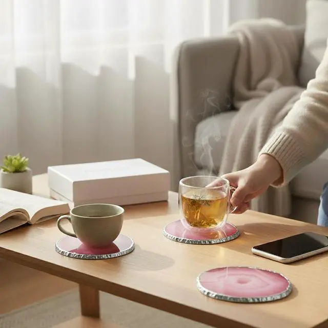 Alt view image 3 of 6 - Modern Home Set of 4 Natural Agate Stone Coasters - Pink w/Silver Edge
